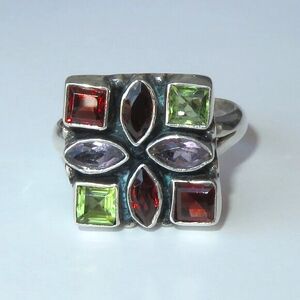 Natural Garnets Amethysts Peridots In Sterling Silver Mosaic Ring. Size 8.25